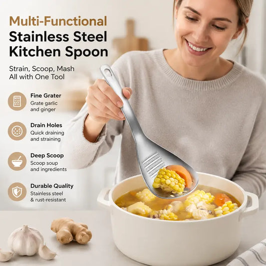 1pc 304 Stainless Steel Multifunctional Kitchen Spoon, Egg Separator Ginger Garlic Grater Masher