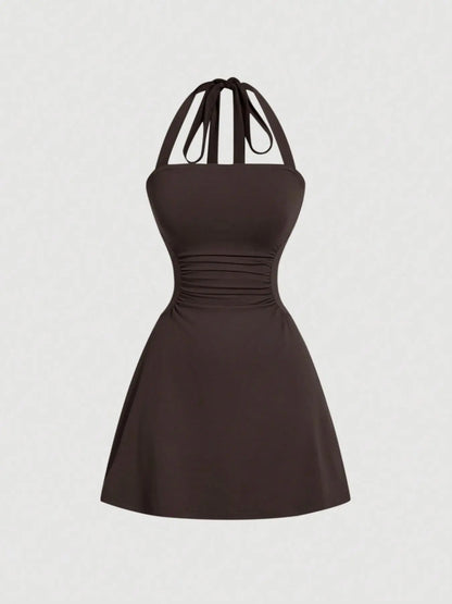 Women's Ruched Tie‑Back Halter Dress, Casual Sleeveless A‑Line Short Summer Dress for Daily Wear
