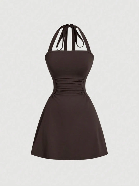 Women's Ruched Tie‑Back Halter Dress, Casual Sleeveless A‑Line Short Summer Dress for Daily Wear
