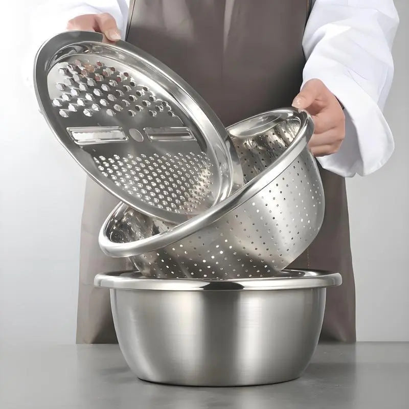 3-in-1 Stainless Steel Strainer Set with Basin, Sieve & Cutter for Rice Fruits Vegetables