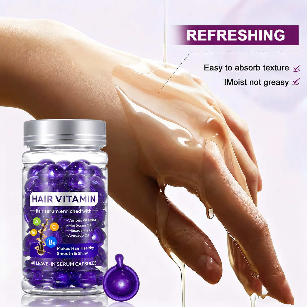 40pcs Hair Vitamin Capsules Argan Oil Violet Vitamins Anti-Frizz for Dyed Permed Hair