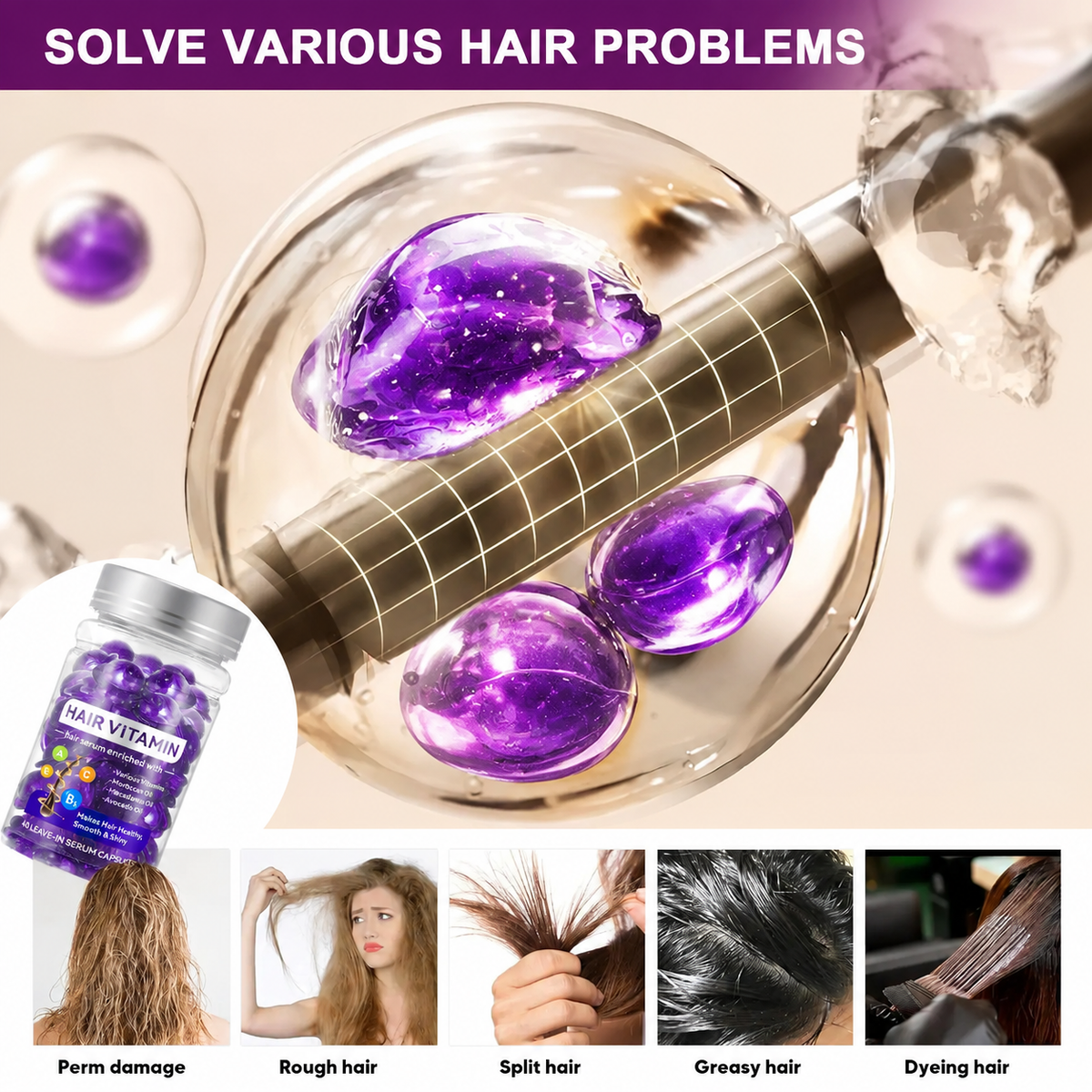 40pcs Hair Vitamin Capsules Argan Oil Violet Vitamins Anti-Frizz for Dyed Permed Hair