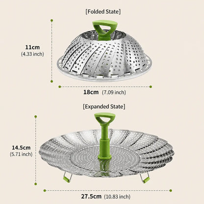 Foldable Stainless Steel Vegetable Steamer Basket with Extendable Handle, Expandable Steaming Insert for Pots