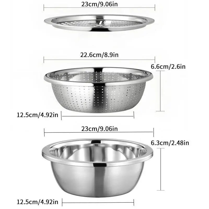 3-in-1 Stainless Steel Strainer Set with Basin, Sieve & Cutter for Rice Fruits Vegetables