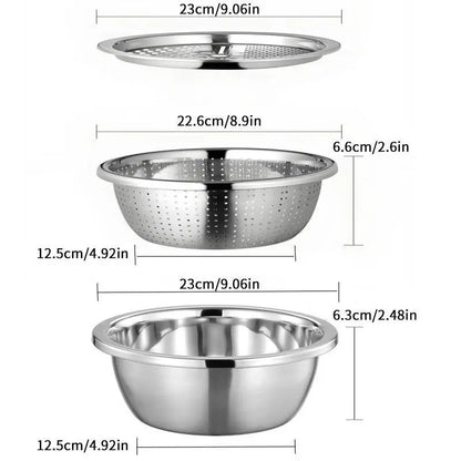 3-in-1 Stainless Steel Strainer Set with Basin, Sieve & Cutter for Rice Fruits Vegetables