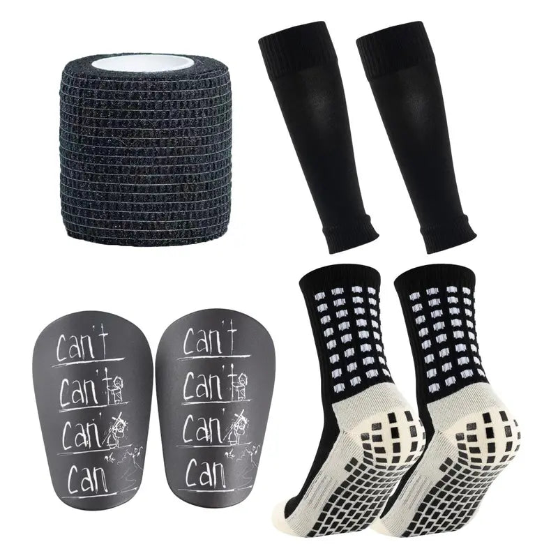 7‑Pcs Non‑Slip Football Grip Socks Set, Athletic Sports Socks Kit with Sleeves Bandages Mini Leg Guards for Soccer Running Training
