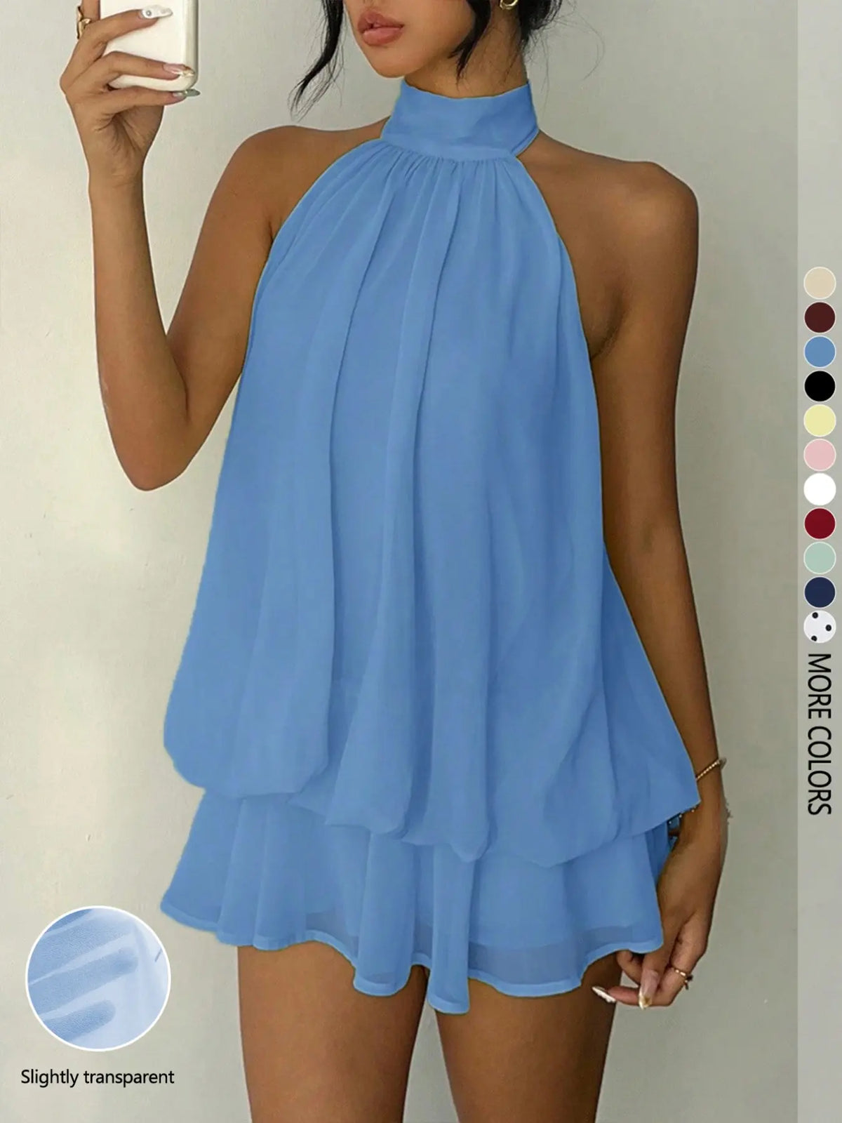 Women's Solid Backless Halter Sleeveless One‑Piece Jumpsuit, Elegant Ruffle Design, All‑Season Casual Fashion Outfit