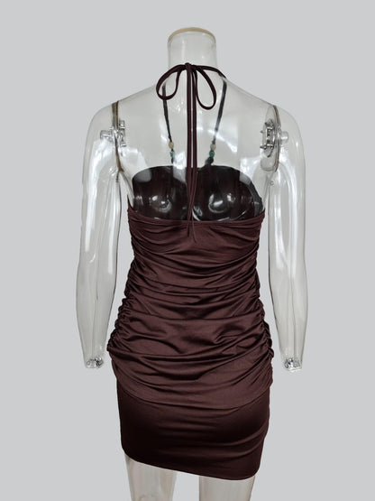 Y2K Women's Halter Bodycon Short Dress, Ruched Neckline Sleeveless Waist‑Cinch Slimming Sexy Backless Party Vacation Dress