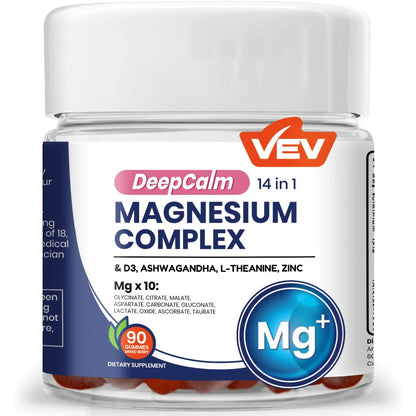 Gominolas de glicinato de magnesio DeepCalm de VEV, 90 unidades — 14 en 1 con ashwagandha, D3 y zinc, veganas, sin azúcar