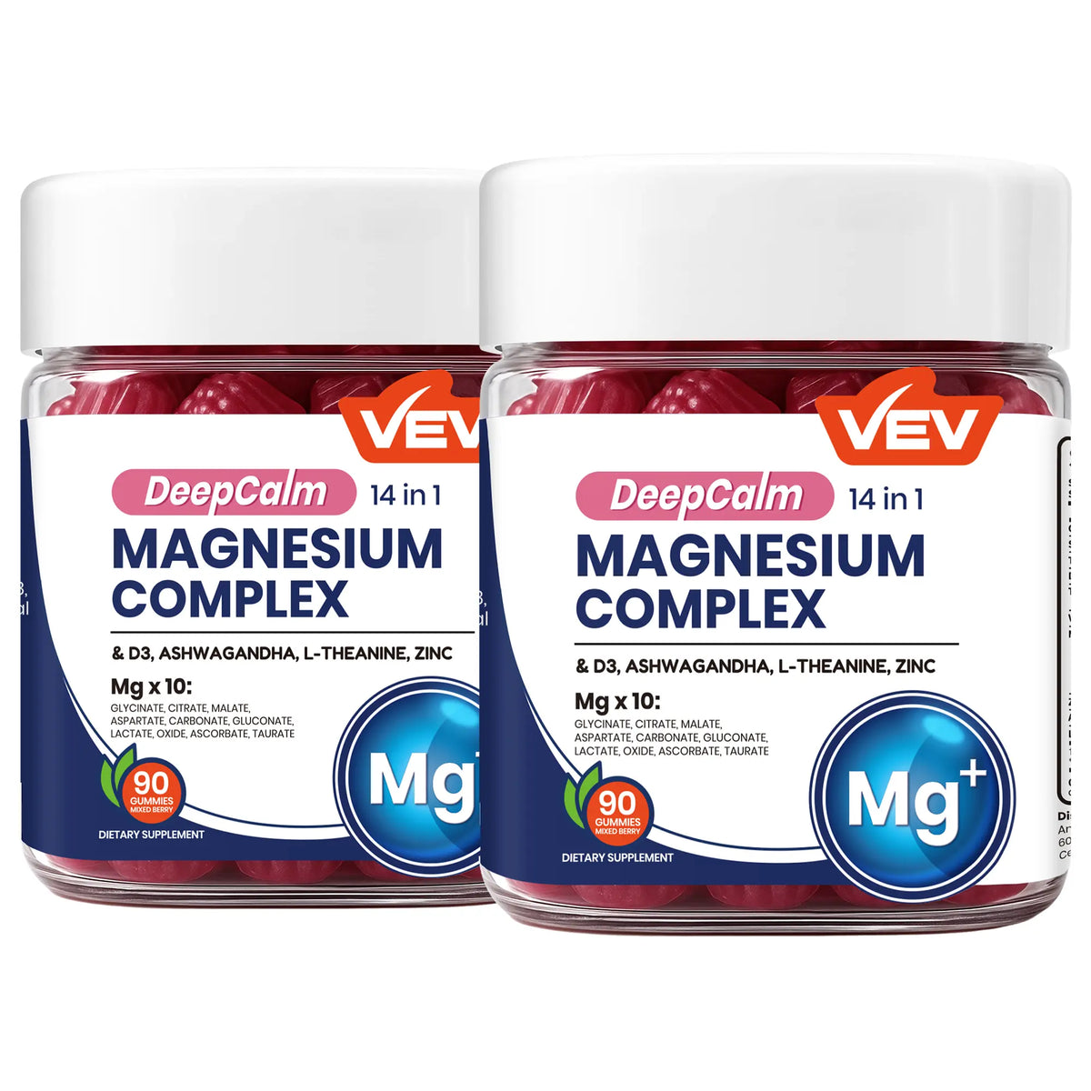Gominolas de glicinato de magnesio DeepCalm de VEV, 90 unidades — 14 en 1 con ashwagandha, D3 y zinc, veganas, sin azúcar