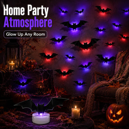 12Pcs/24Pcs 3D Bat LED Halloween Decor, Bendable Glowing Wall Stickers, Battery Powered Easy Installation for Party Window Home Indoor