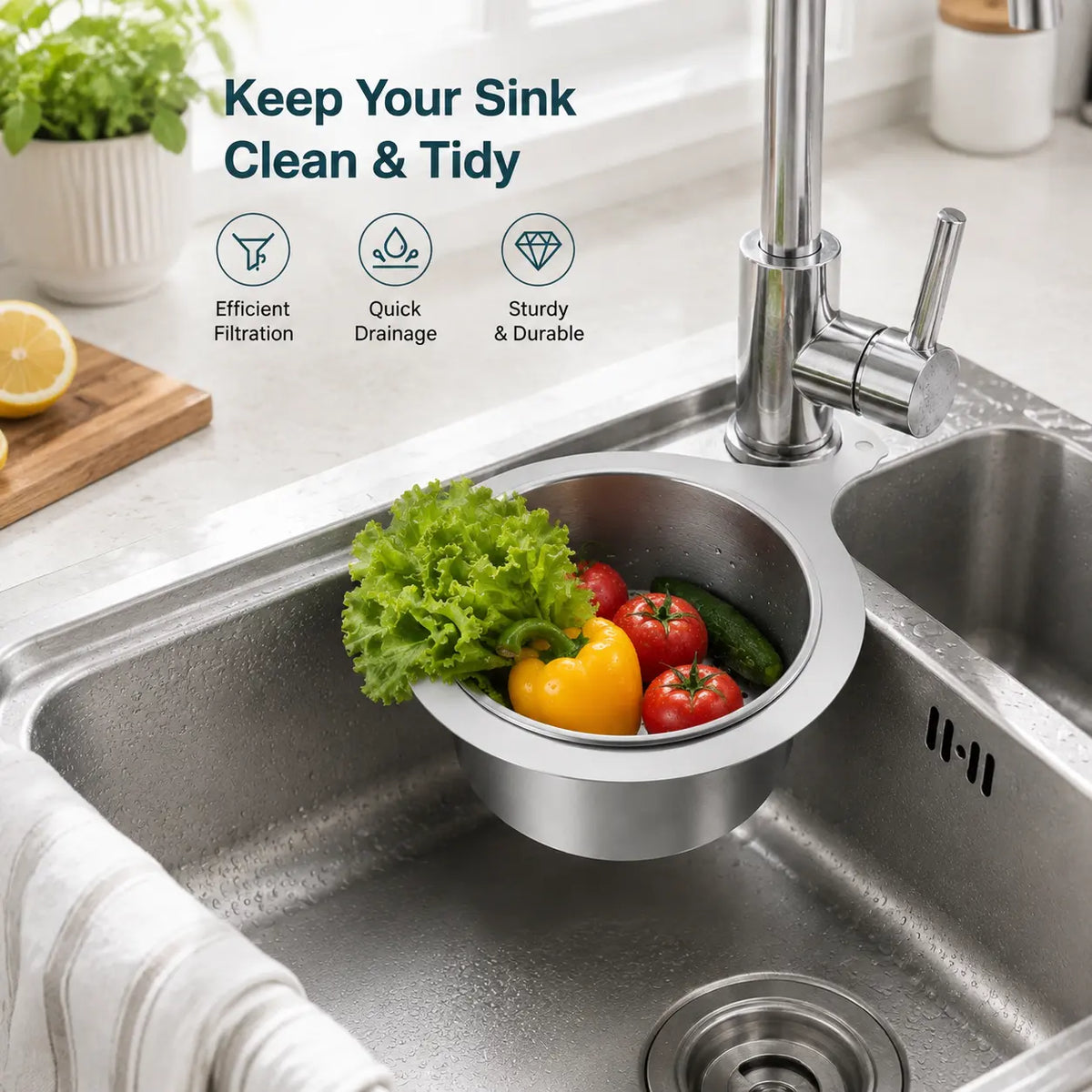 Stainless Steel Hanging Sink Drain Strainer Basket, Rustproof Kitchen Food Residue Filter