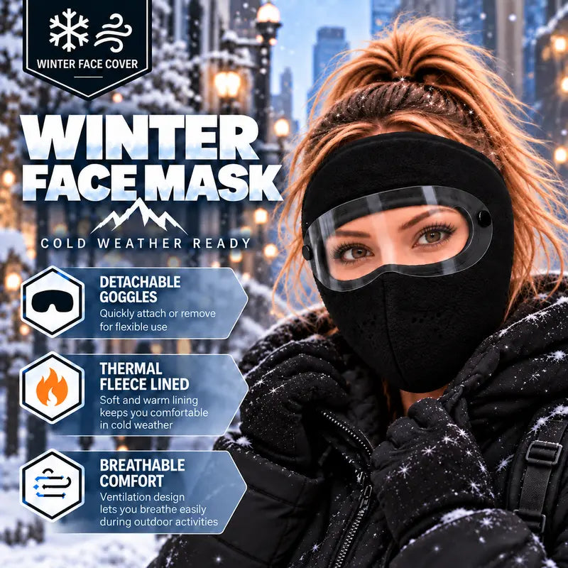 Winter Thermal Fleece Full Face Mask with Detachable Goggles, Windproof for Cycling Skiing Motorcycle