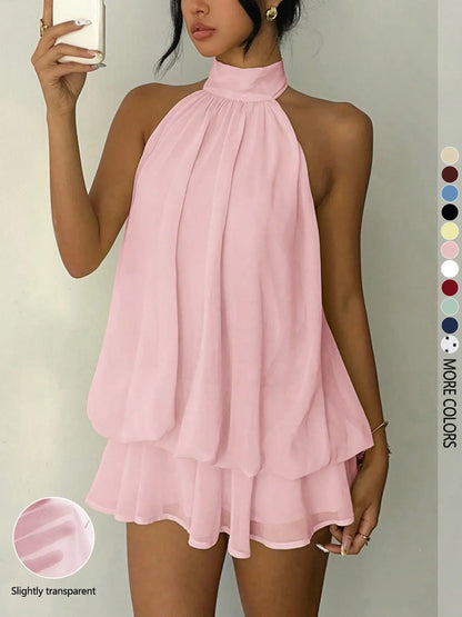 Women's Solid Backless Halter Sleeveless One‑Piece Jumpsuit, Elegant Ruffle Design, All‑Season Casual Fashion Outfit