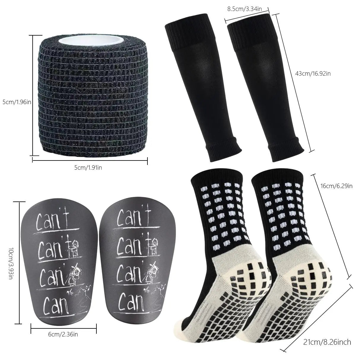 7‑Pcs Non‑Slip Football Grip Socks Set, Athletic Sports Socks Kit with Sleeves Bandages Mini Leg Guards for Soccer Running Training
