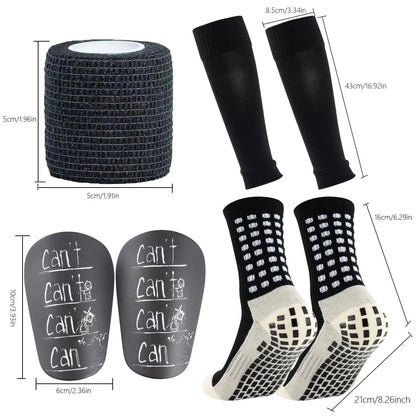 7‑Pcs Non‑Slip Football Grip Socks Set, Athletic Sports Socks Kit with Sleeves Bandages Mini Leg Guards for Soccer Running Training