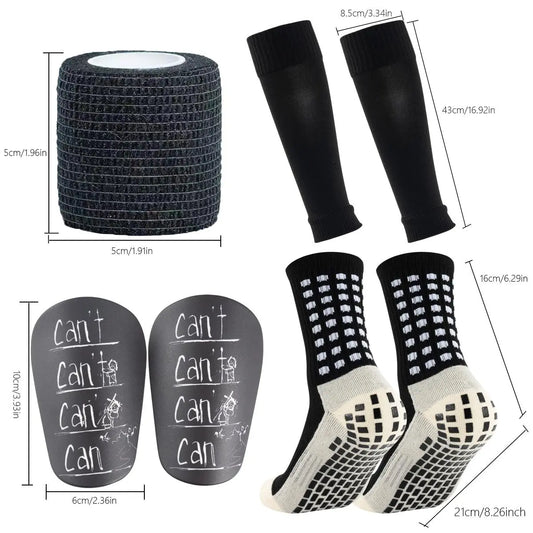 7‑Pcs Non‑Slip Football Grip Socks Set, Athletic Sports Socks Kit with Sleeves Bandages Mini Leg Guards for Soccer Running Training