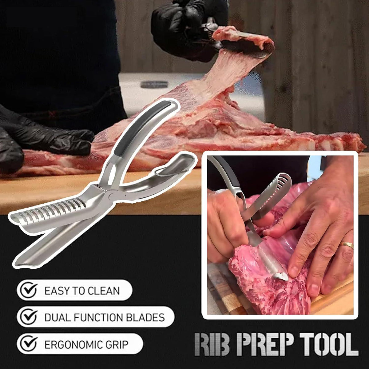 Juego de herramientas para quitar la membrana de las costillas de barbacoa de acero inoxidable con abrazadera de arco, utensilio de parrilla para exteriores apto para lavavajillas