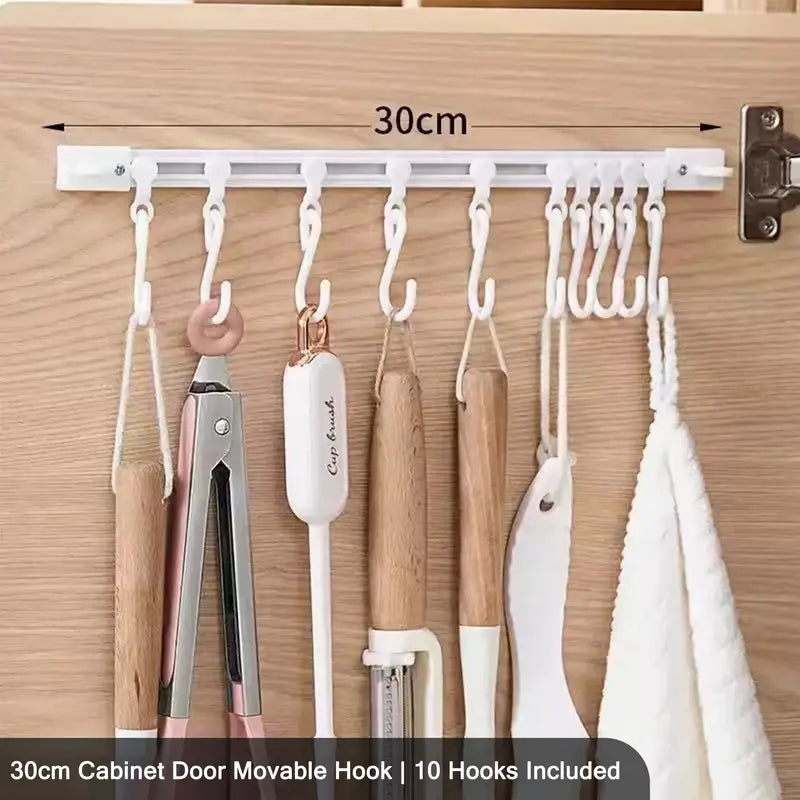 10 Hooks Adhesive Slide Rail Hanging Rack Multifunctional Wall Storage Organizer for Kitchen Bathroom