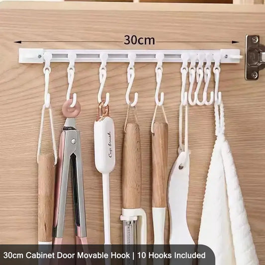 10 Hooks Adhesive Slide Rail Hanging Rack Multifunctional Wall Storage Organizer for Kitchen Bathroom