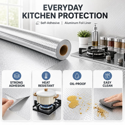 Papel pintado autoadhesivo de aluminio para salpicaduras de cocina, 40 x 300 cm, resistente al aceite y al agua, para encimeras, armarios y cajones, resistente al calor, fácil de limpiar, papel de contacto plateado