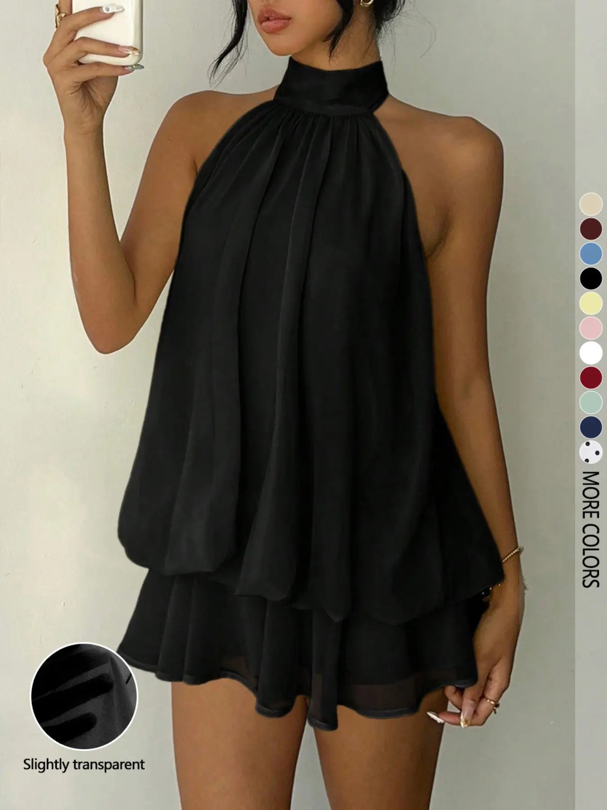 Women's Solid Backless Halter Sleeveless One‑Piece Jumpsuit, Elegant Ruffle Design, All‑Season Casual Fashion Outfit