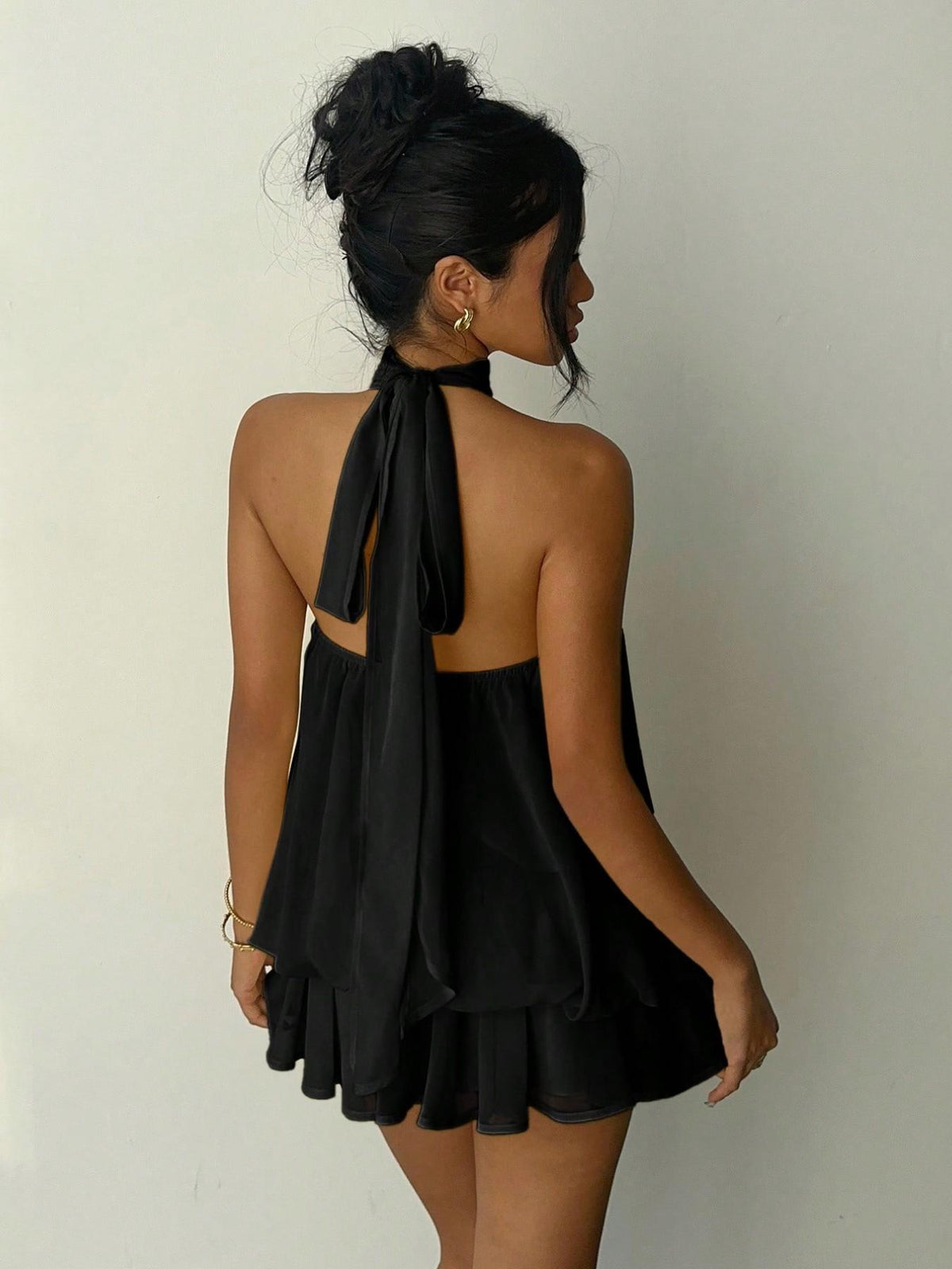 Women's Solid Backless Halter Sleeveless One‑Piece Jumpsuit, Elegant Ruffle Design, All‑Season Casual Fashion Outfit