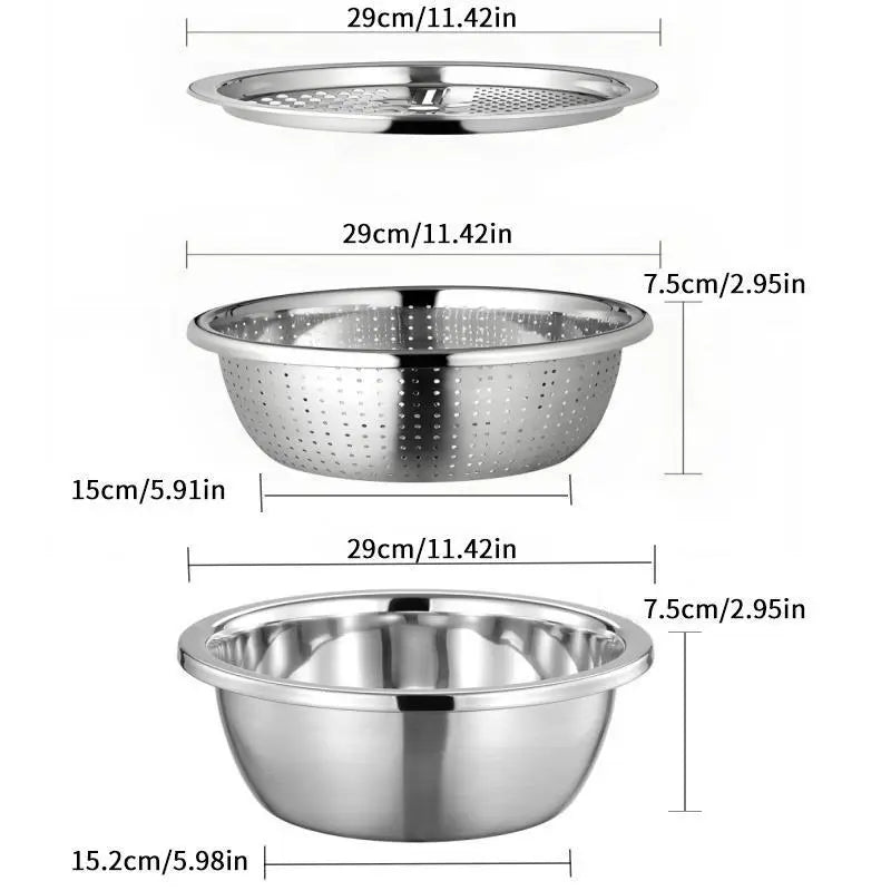 3-in-1 Stainless Steel Strainer Set with Basin, Sieve & Cutter for Rice Fruits Vegetables