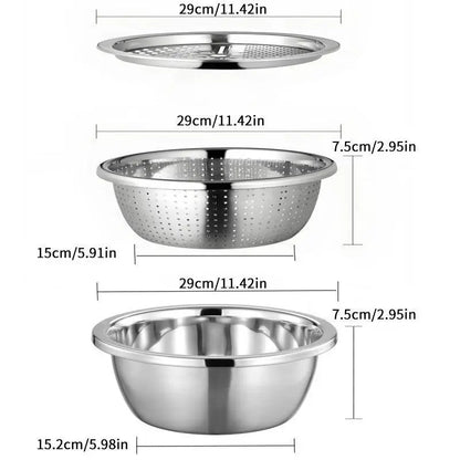3-in-1 Stainless Steel Strainer Set with Basin, Sieve & Cutter for Rice Fruits Vegetables