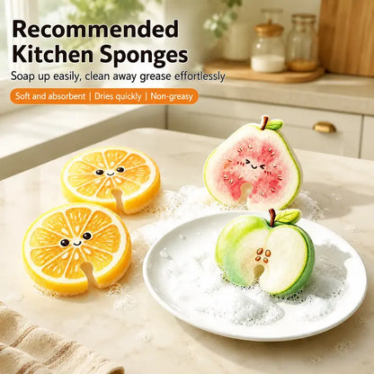 3Pcs Fruit Shaped Compressed Cellulose Sponges Natural Non-Scratch Kitchen Cleaning Sponges
