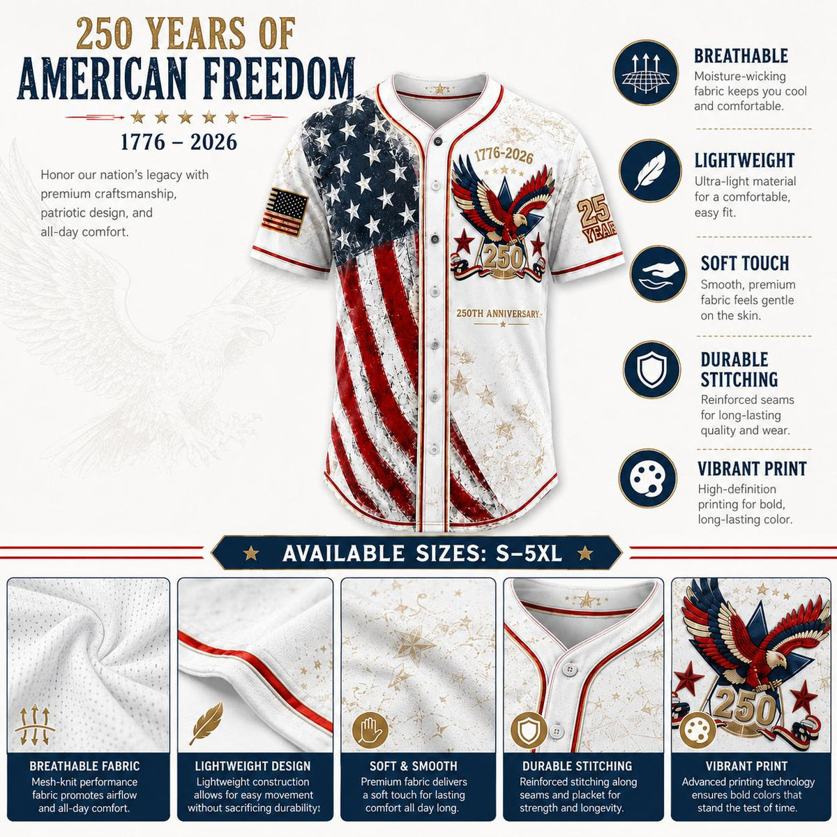 Unisex Patriotic Baseball Jersey, Vintage 250th Anniversary Button Down Shirt with Distressed American Flag Eagle Graphic for 4th of July Outfits 1776-2026