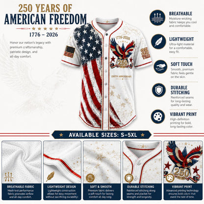 Unisex Patriotic Baseball Jersey, Vintage 250th Anniversary Button Down Shirt with Distressed American Flag Eagle Graphic for 4th of July Outfits 1776-2026