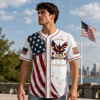 Unisex Patriotic Baseball Jersey, Vintage 250th Anniversary Button Down Shirt with Distressed American Flag Eagle Graphic for 4th of July Outfits 1776-2026