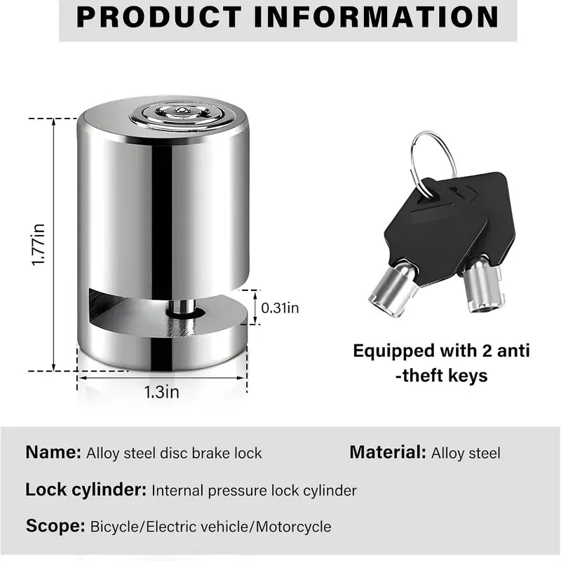 Mini Alloy Steel Disc Brake Lock with 2 Keys, Anti-Theft Security Lock for Motorcycle Electric Mountain Bike