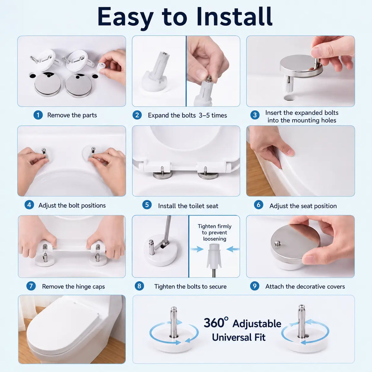 Universal Toilet Seat Expansion Bolt Set - Thickened Stainless Steel, Easy Top-Mount Installation