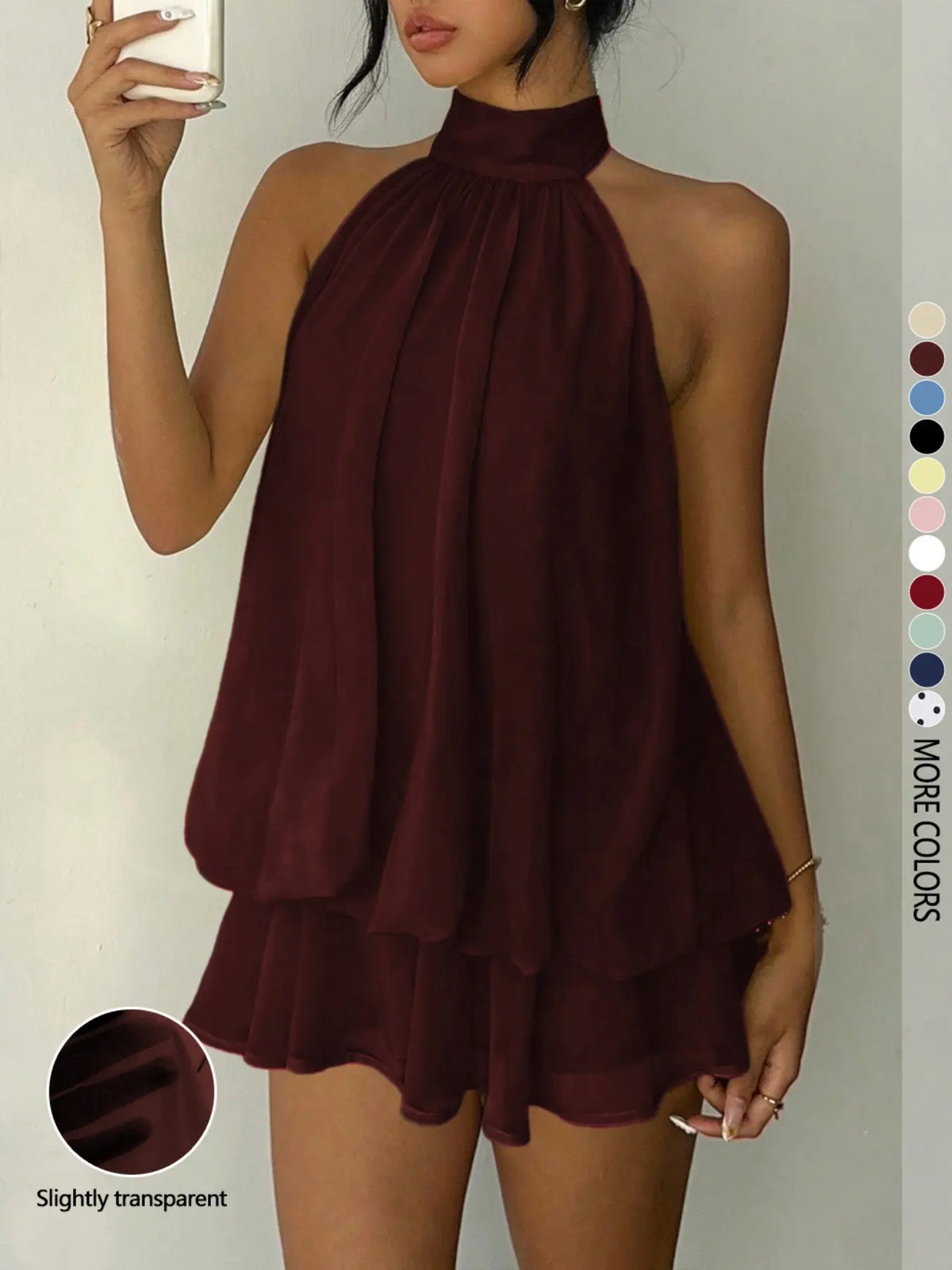 Women's Solid Backless Halter Sleeveless One‑Piece Jumpsuit, Elegant Ruffle Design, All‑Season Casual Fashion Outfit
