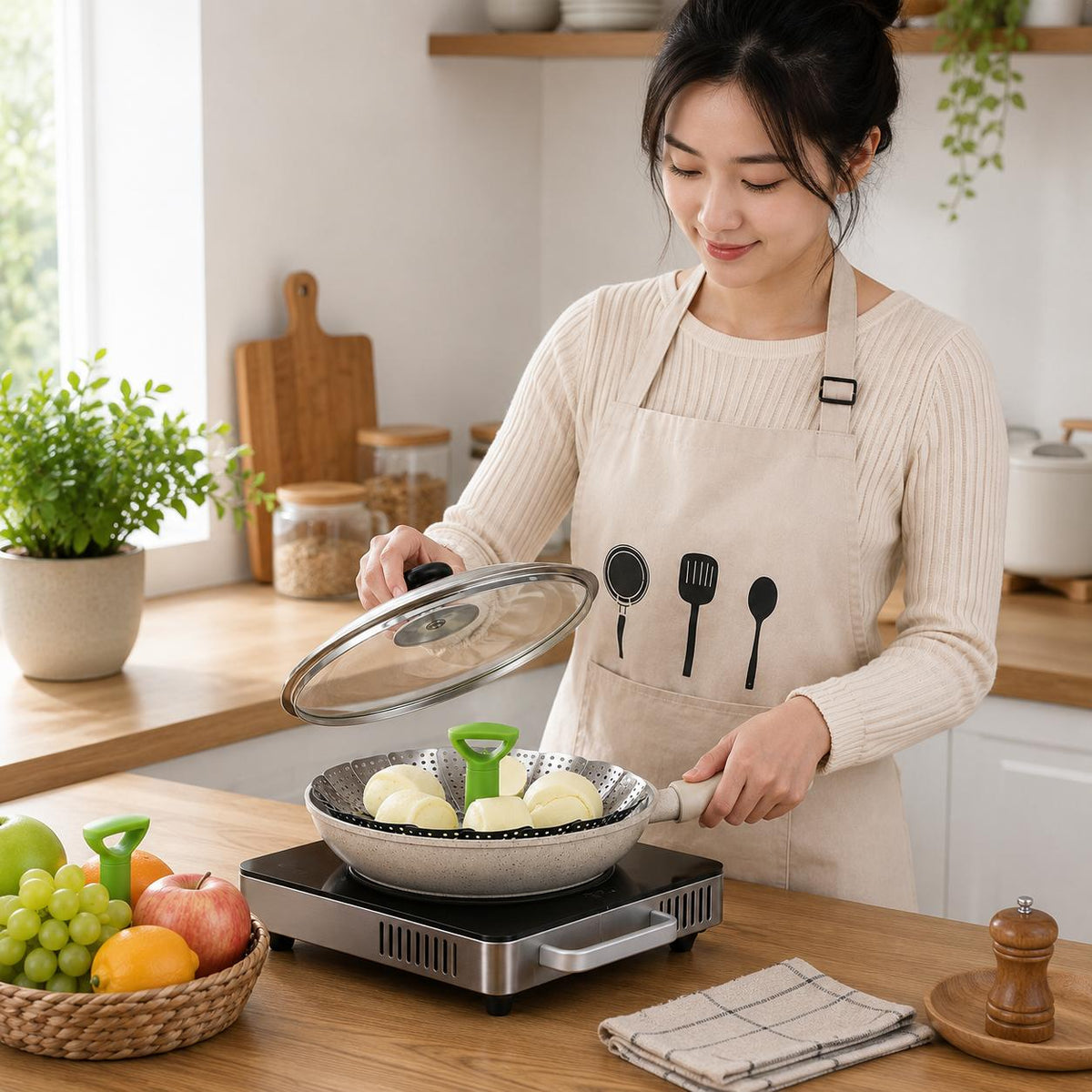 Foldable Stainless Steel Vegetable Steamer Basket with Extendable Handle, Expandable Steaming Insert for Pots