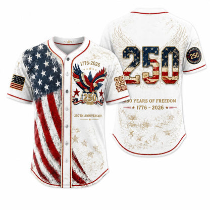 Unisex Patriotic Baseball Jersey, Vintage 250th Anniversary Button Down Shirt with Distressed American Flag Eagle Graphic for 4th of July Outfits 1776-2026