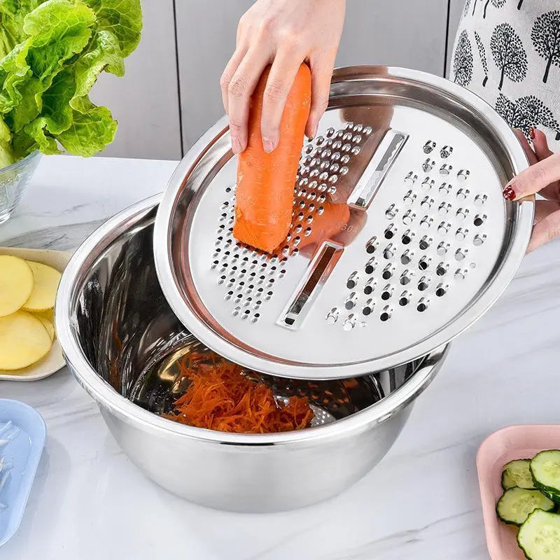 3-in-1 Stainless Steel Strainer Set with Basin, Sieve & Cutter for Rice Fruits Vegetables
