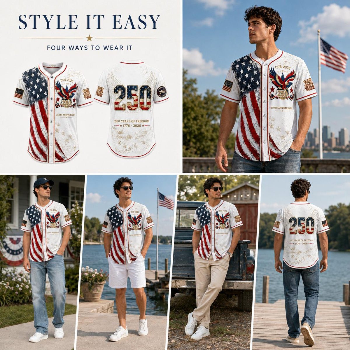 Unisex Patriotic Baseball Jersey, Vintage 250th Anniversary Button Down Shirt with Distressed American Flag Eagle Graphic for 4th of July Outfits 1776-2026