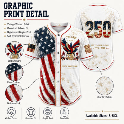 Unisex Patriotic Baseball Jersey, Vintage 250th Anniversary Button Down Shirt with Distressed American Flag Eagle Graphic for 4th of July Outfits 1776-2026