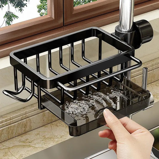 Stainless Steel Hanging Faucet Sink Organizer Rack with Drip Tray, Detachable Sponge Holder for Kitchen & Bathroom